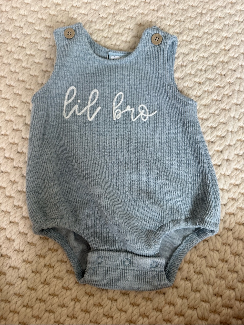 Three Sisters Lil Bro Knit Baby Romper — Blue Sleeveless One-Piece